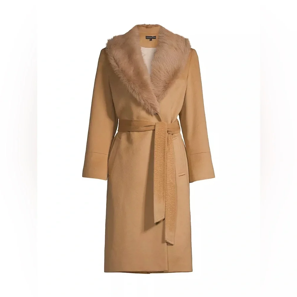 Sofia Cashmere Belted‎ Genuine Shearling Trim Coat NWT 14